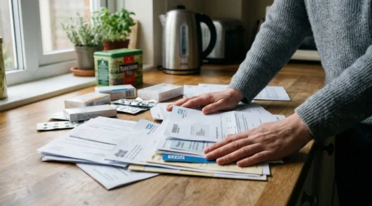 A worried UK household reviewing medical bills and NHS appointment letters on kitchen table