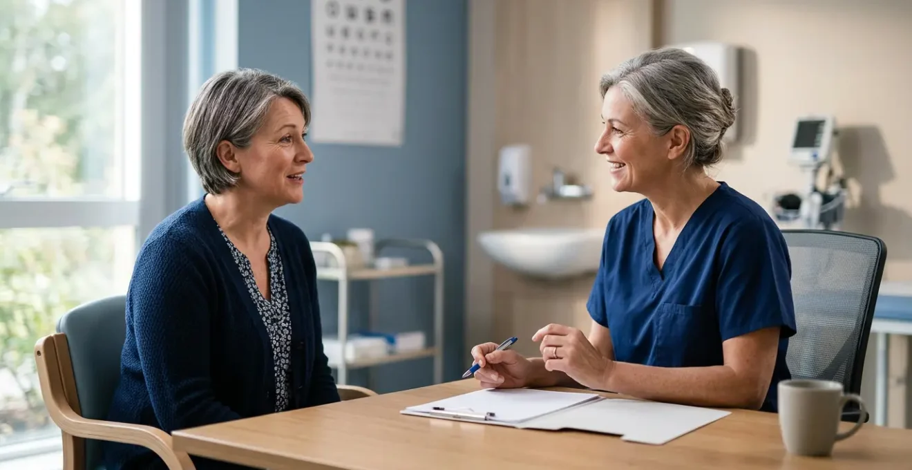 Middle-aged adult consulting with healthcare professional in clean, welcoming NHS clinic environment with soft natural lighting