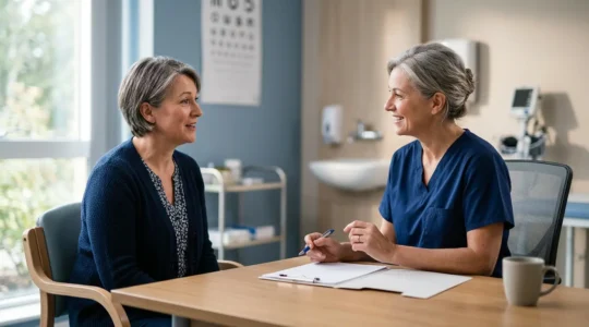 Middle-aged adult consulting with healthcare professional in clean, welcoming NHS clinic environment with soft natural lighting