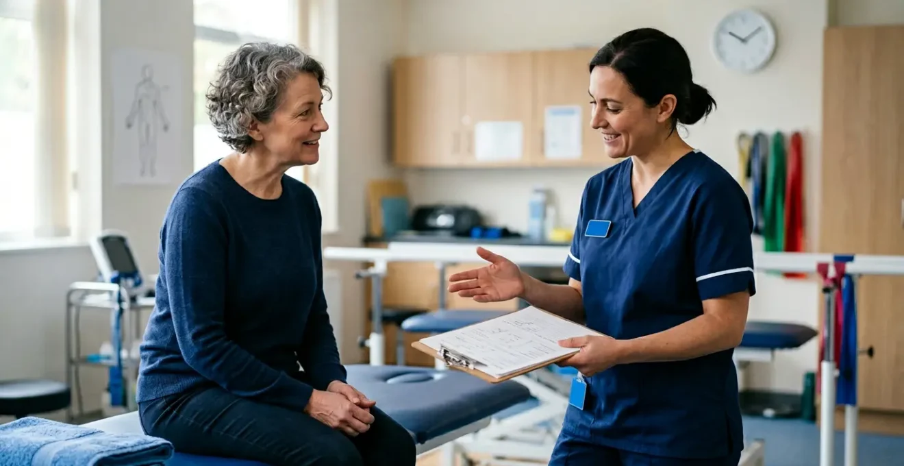 Patient consultation with physiotherapist discussing treatment plan in NHS clinic setting
