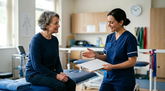Patient consultation with physiotherapist discussing treatment plan in NHS clinic setting