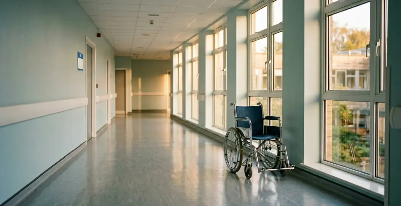 A quiet hospital corridor with natural light streaming through windows, symbolizing the healthcare journey and waiting for palliative care access