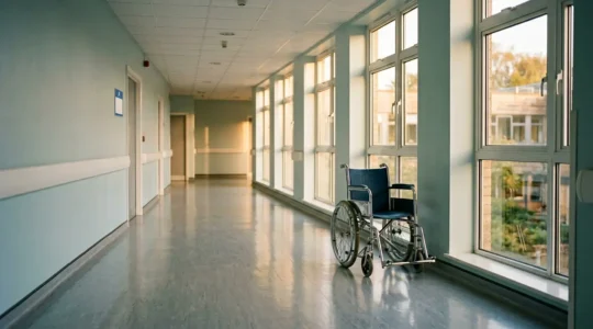 A quiet hospital corridor with natural light streaming through windows, symbolizing the healthcare journey and waiting for palliative care access