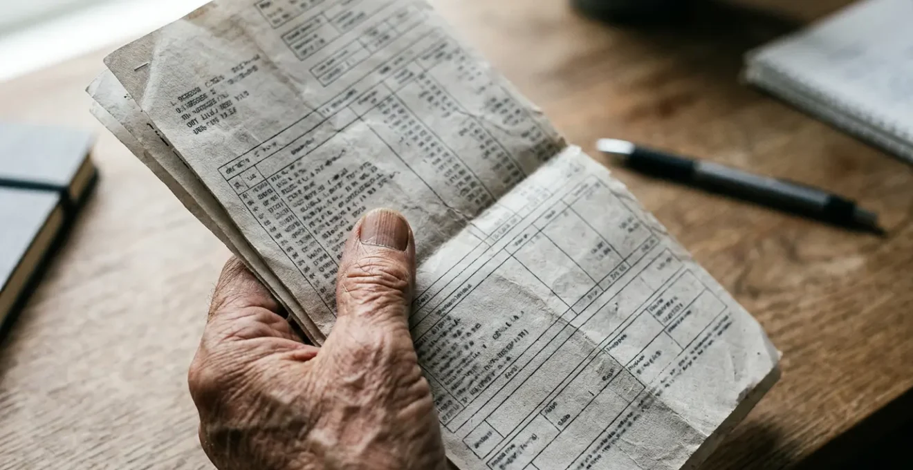 Close-up of hands reviewing a detailed medical invoice with multiple line items showing separate surgeon, anaesthetist, and hospital charges in a naturally lit setting