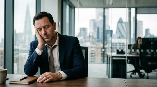 High-achieving professional experiencing burnout in modern corporate environment
