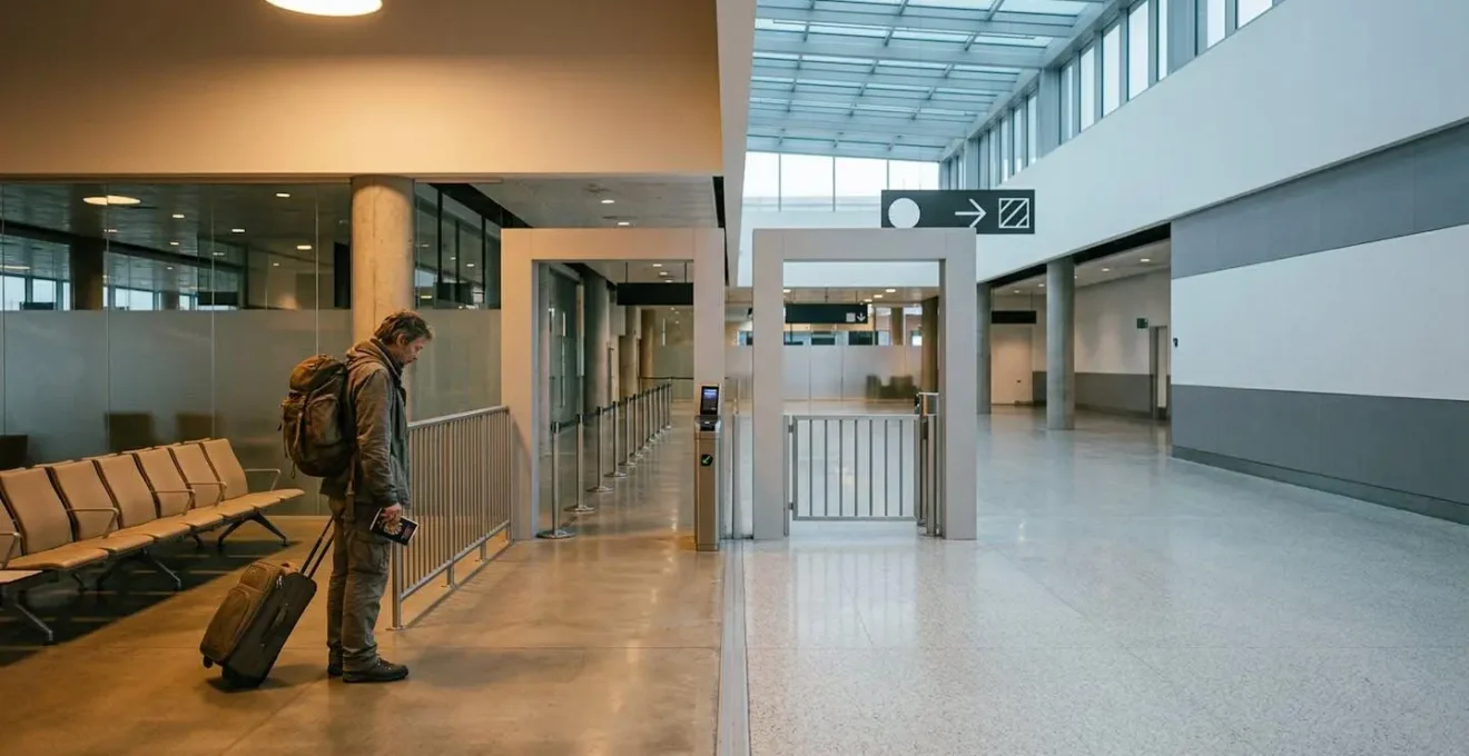 British traveler at international border facing healthcare uncertainty abroad