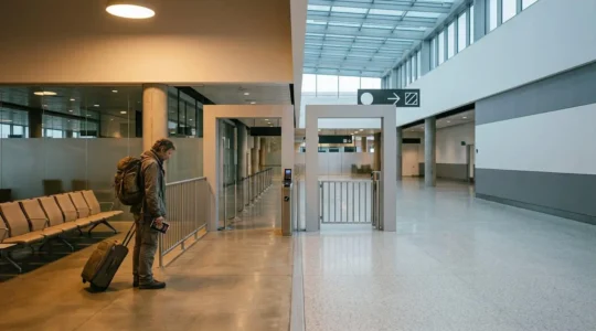 British traveler at international border facing healthcare uncertainty abroad