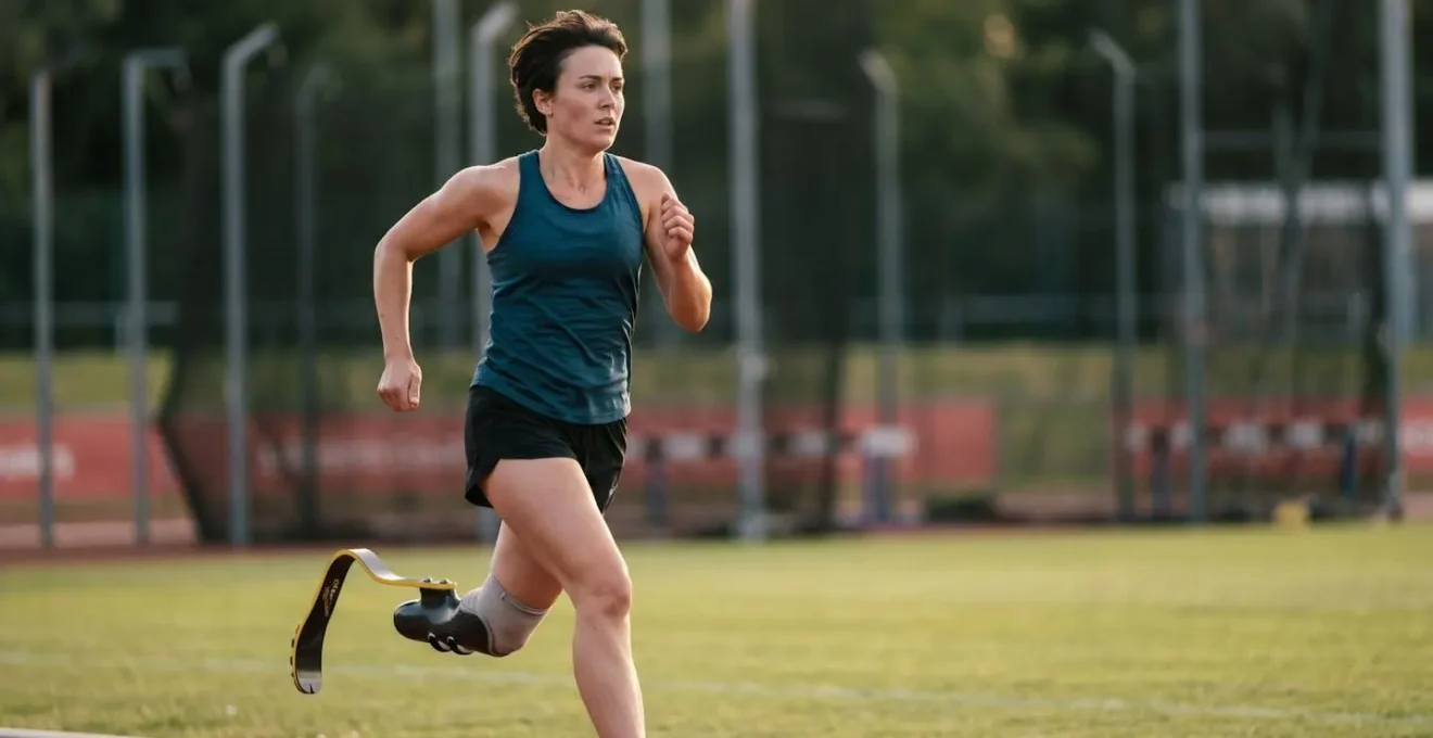 Athletic person with lower limb prosthetic device practicing dynamic movement in outdoor sports training environment