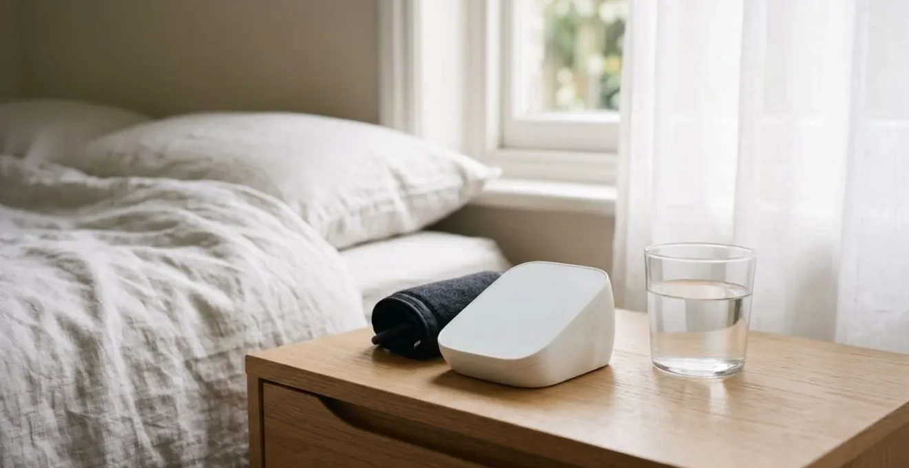Home blood pressure self-monitoring device on clean surface with natural morning light creating a sense of daily health routine and empowerment