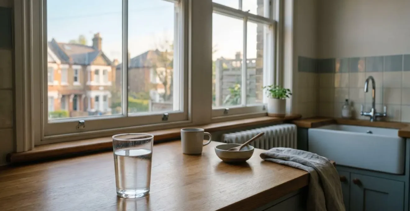 A serene early morning scene showing hydration and calm preparation for a medical appointment in a UK home