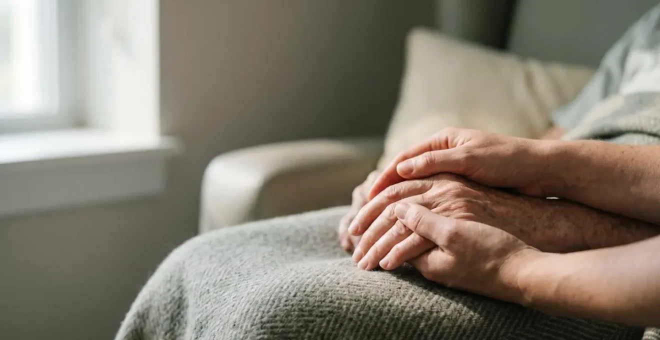 Close portrait of hands showing human connection during palliative cancer treatment