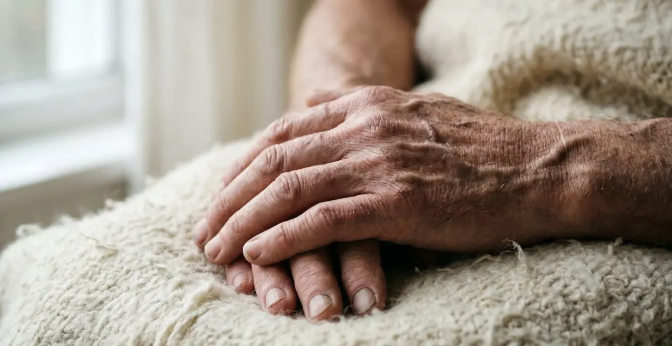 Close-up of hands showing visible signs of stress and exhaustion representing caregiver burnout