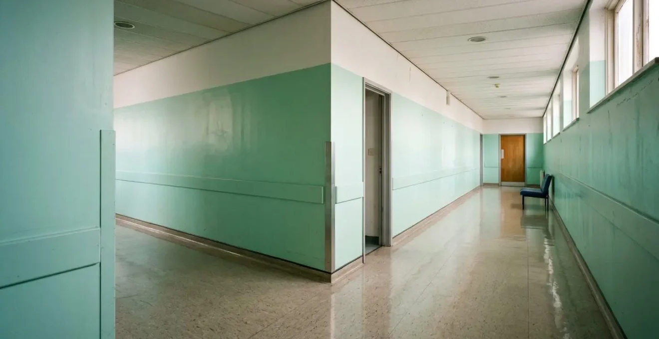 A metaphorical representation of a difficult healthcare choice, depicted as an empty NHS hospital corridor at an intersection.