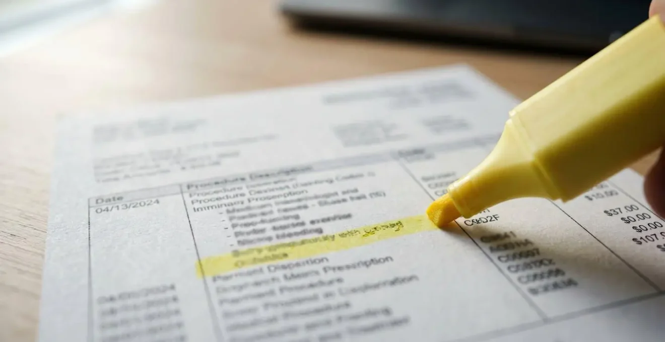 Extreme macro close-up of an itemized medical bill with a highlighter marking specific line items showing the level of detail required for dispute