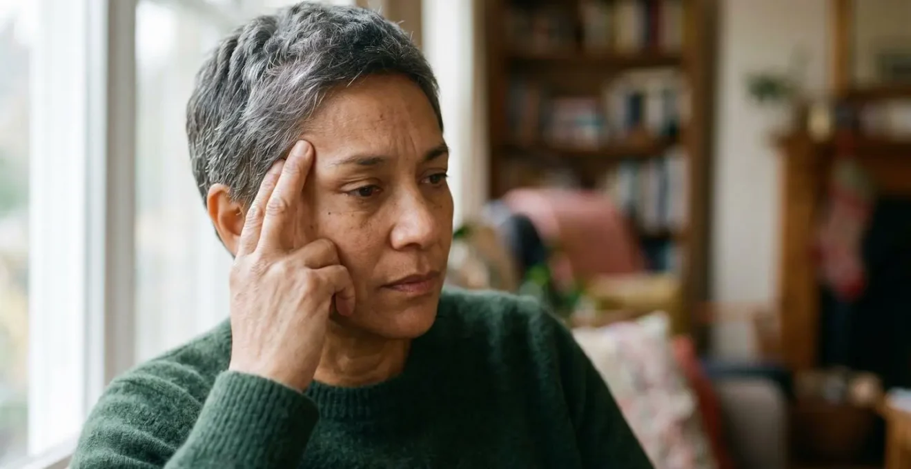 Close portrait of family caregiver showing emotional strain and dedication