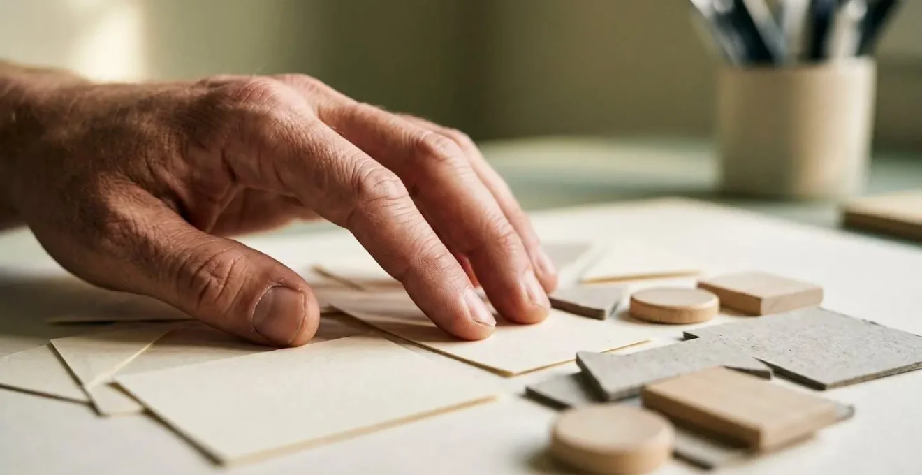 Close-up of hands working with financial planning materials in warm natural light