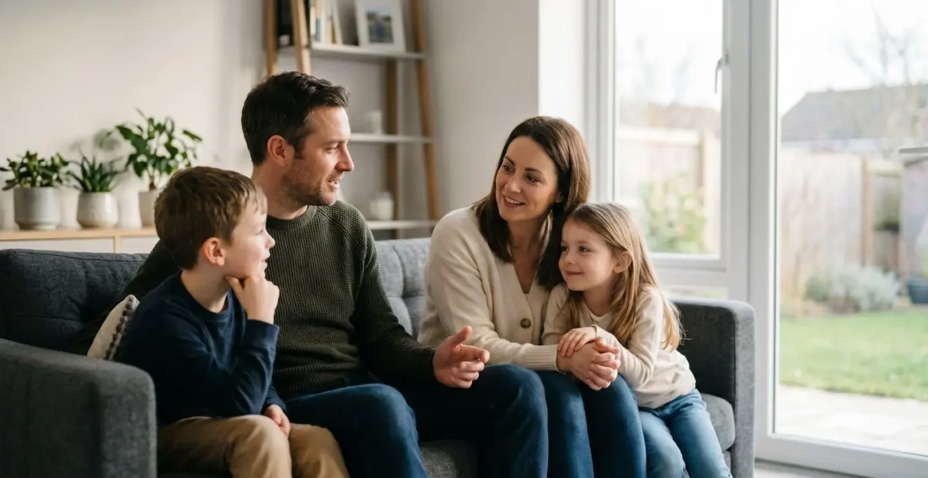 Family of four discussing health coverage options with warm, hopeful expressions in modern UK home