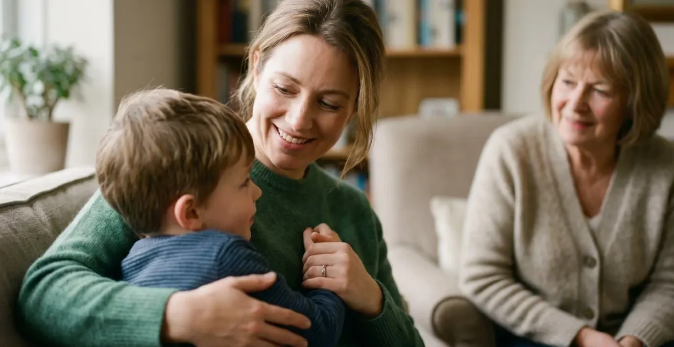 Life-stage health planning visualization showing three generations of a British family interacting in a home setting.