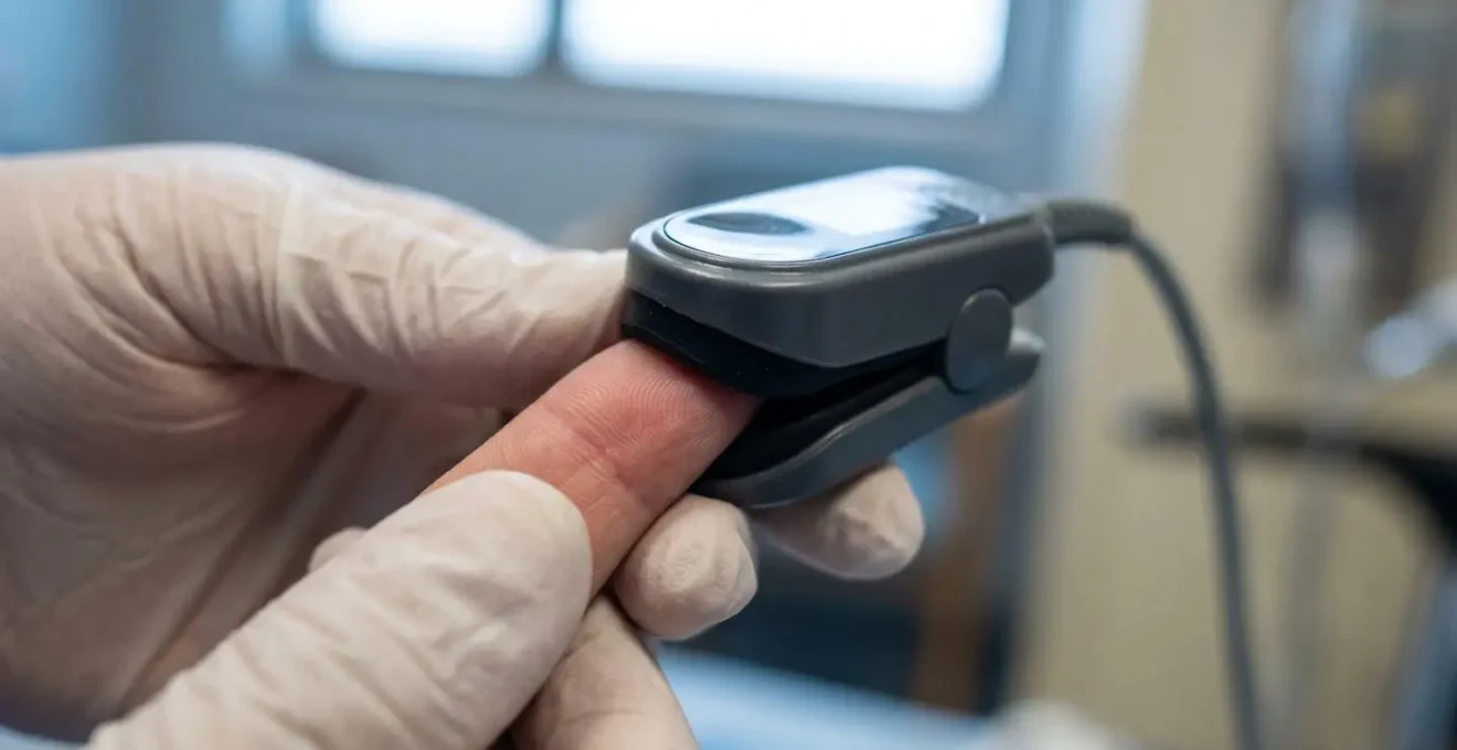 Close-up of medical professional conducting oxygen saturation test representing fit-to-fly assessment for air travel