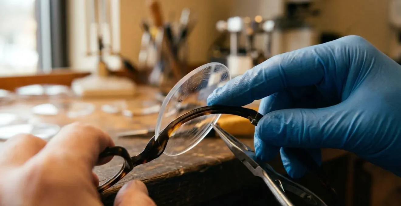 Close-up of precision optical glazing equipment fitting new prescription lenses into existing eyeglass frames
