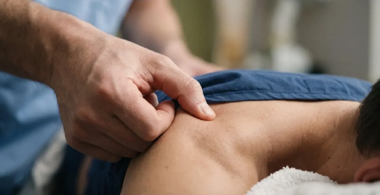 Close-up of healthcare professional hands performing manual therapy technique on patient shoulder
