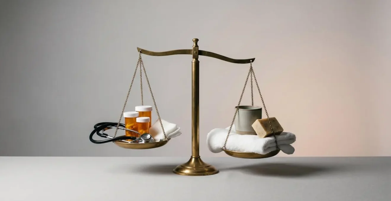 Abstract conceptual image showing the symbolic division between health and social care with balanced scales metaphor