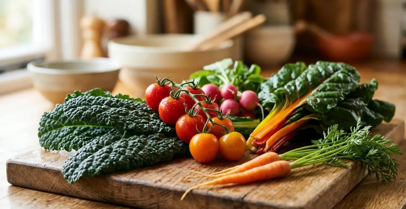 Fresh, colorful vegetables and healthy whole foods arranged on wooden cutting board in bright UK kitchen with natural daylight emphasizing preventive nutrition choices