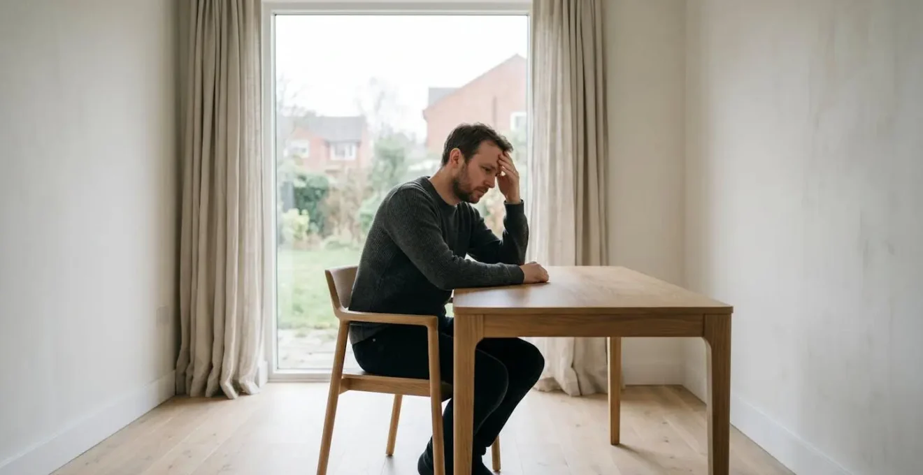 Environmental minimalist wide shot of a single British person in contemplative pose in a clean, sparse room with dramatic window light