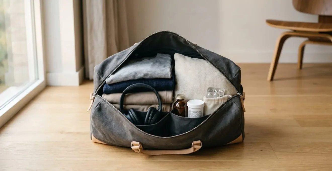 Organized hospital bag with comfort items and medical essentials arranged mindfully