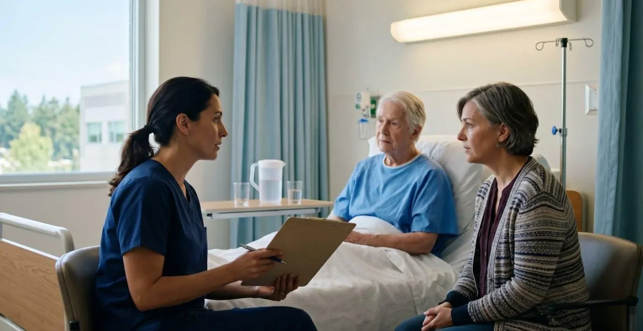 Healthcare professional discussing discharge plan with elderly patient and family member in hospital room
