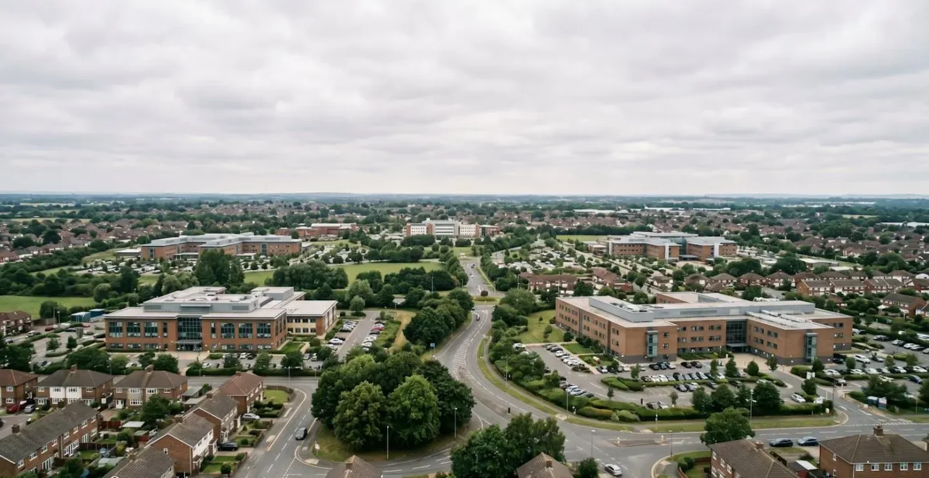 Wide aerial view of UK suburban landscape with private hospital buildings scattered across territory