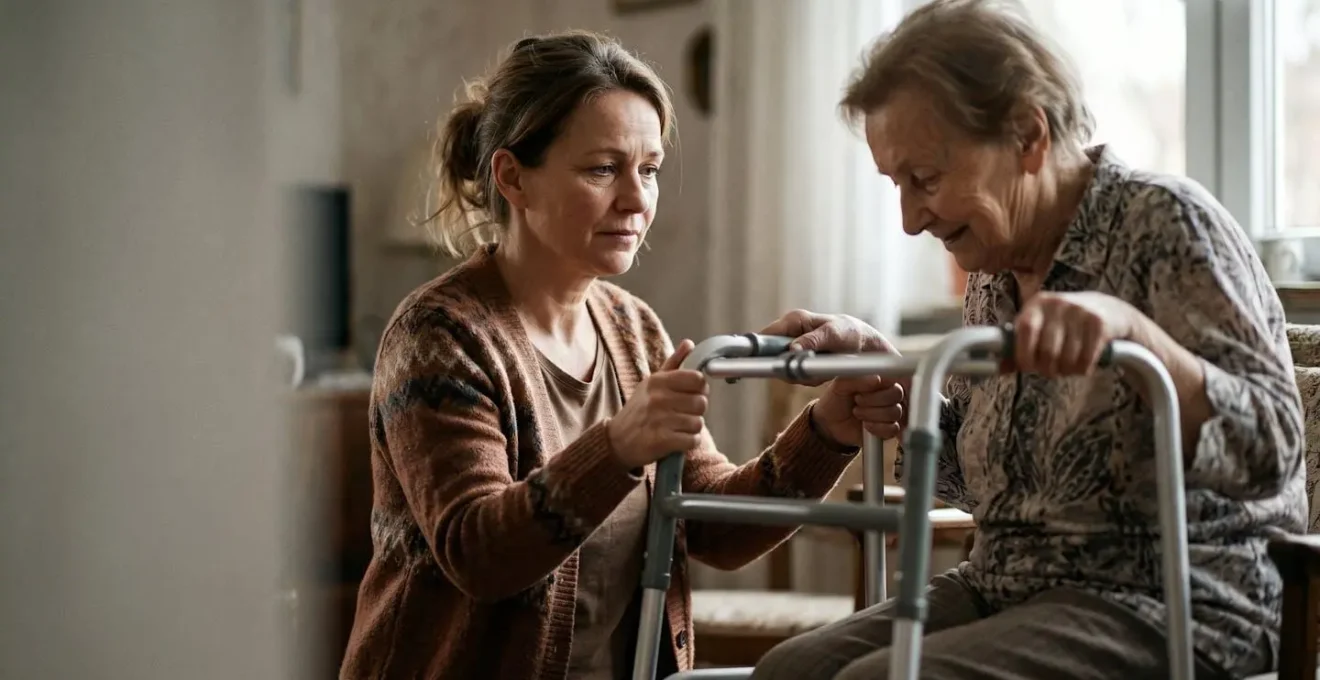 Family caregiver supporting elderly patient during post-surgical home recovery