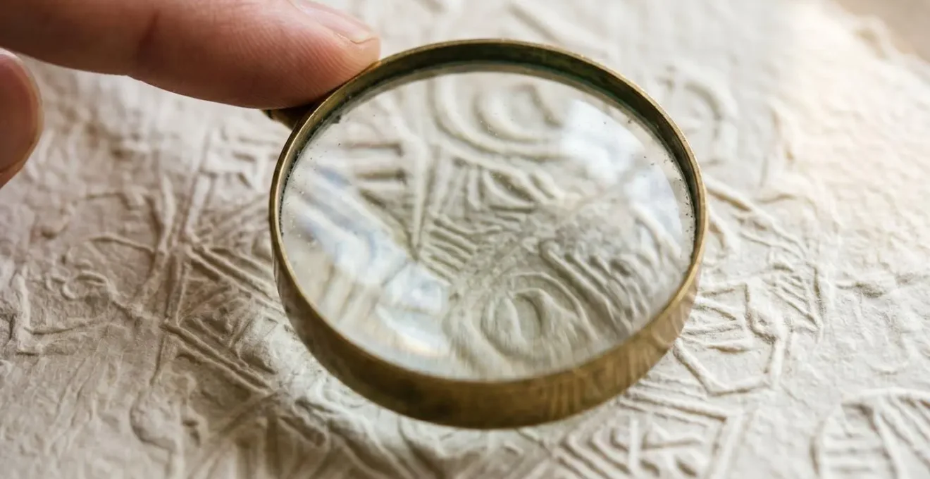 An abstract representation of careful medical record verification and accuracy, shown via a magnifying glass over a textured surface.