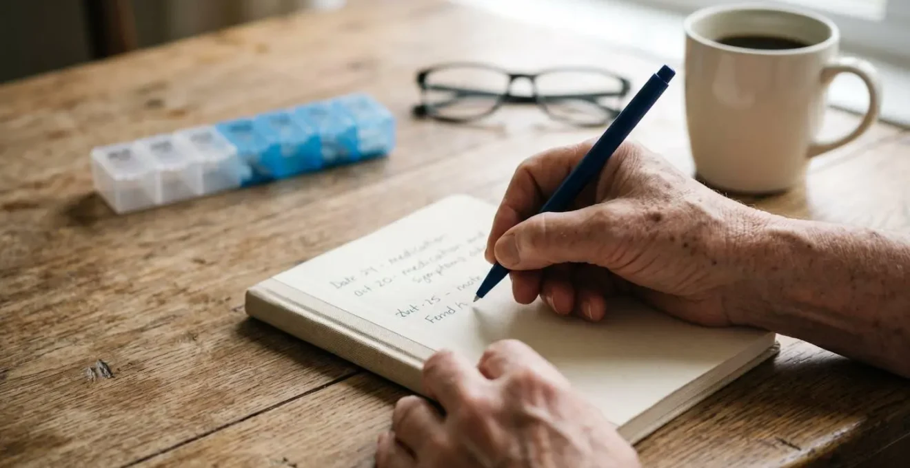 Close-up hands organizing medical diary and health documentation on wooden table with natural light