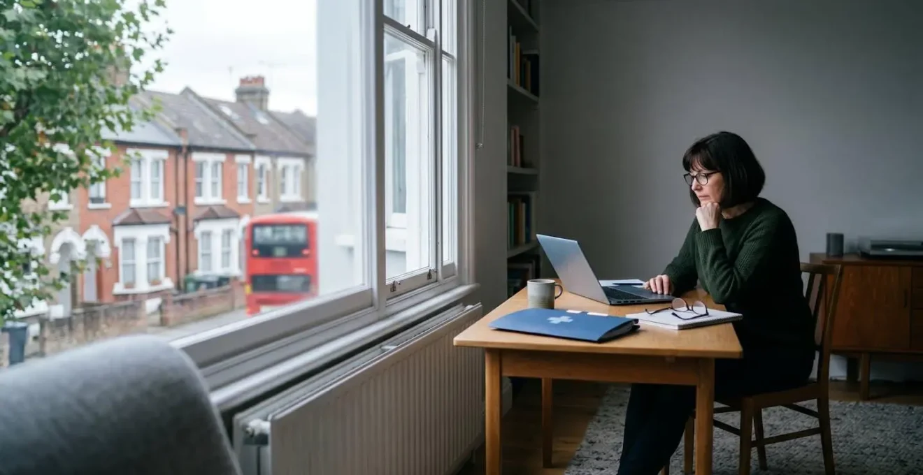 UK patient using laptop to research NHS hospital options and waiting times for elective surgery