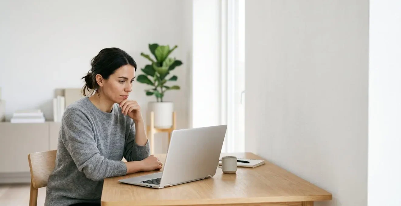Person researching healthcare provider options on laptop in home environment with thoughtful expression