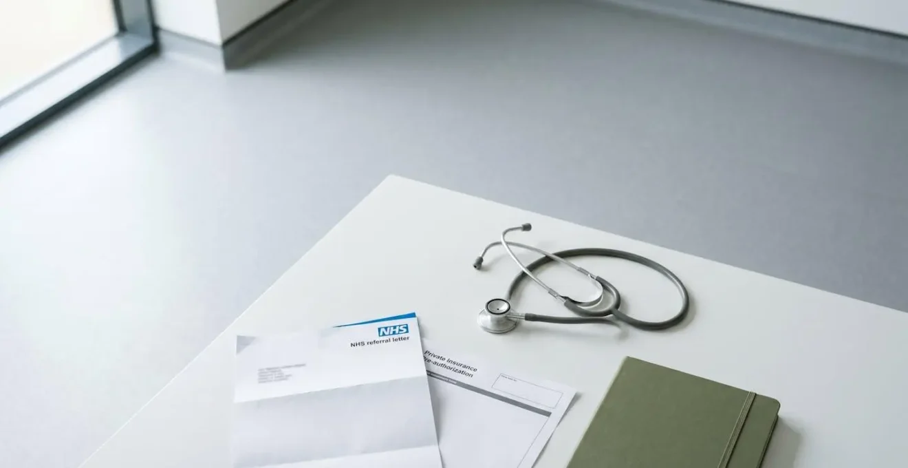 NHS referral letter and private health insurance authorization forms arranged on medical consultation desk