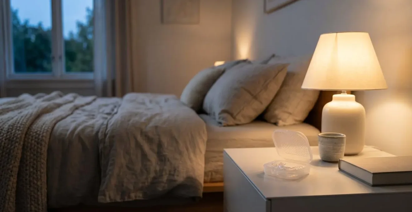 Nighttime routine showing orthodontic retainer care in minimalist bedroom setting emphasizing habit formation