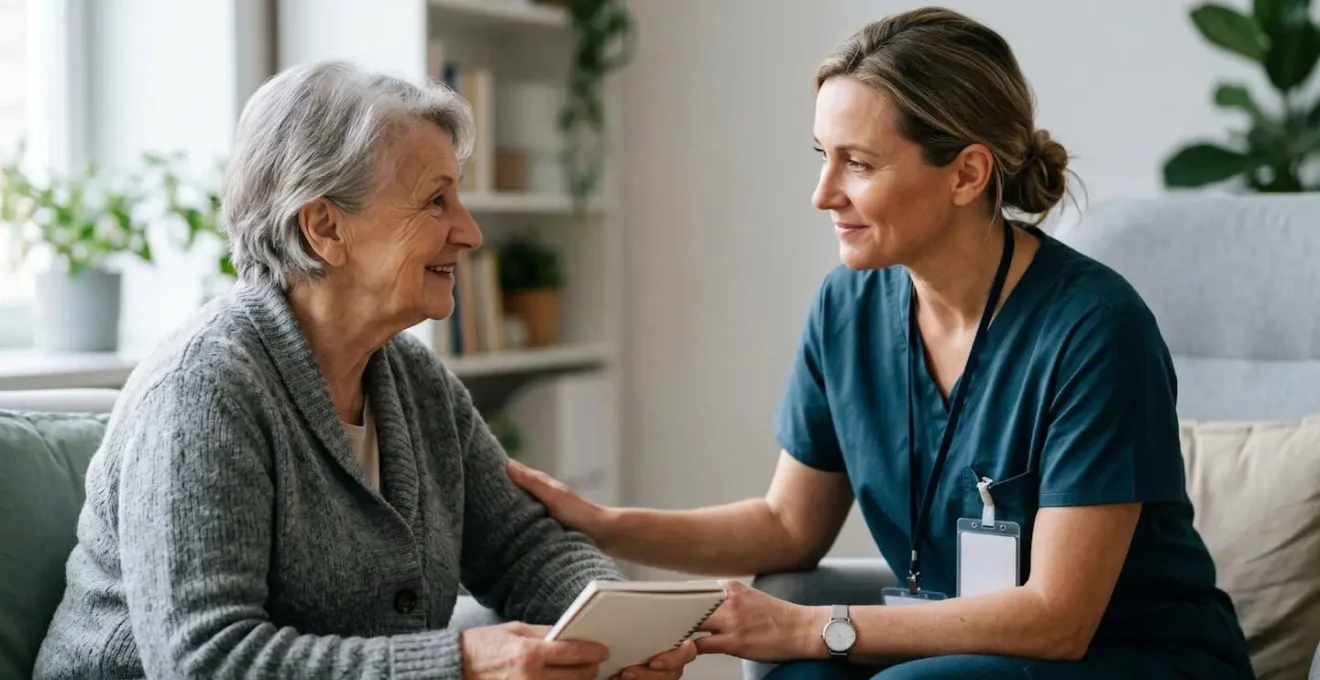 Close portrait showing human connection between healthcare professional and patient during care coordination discussion