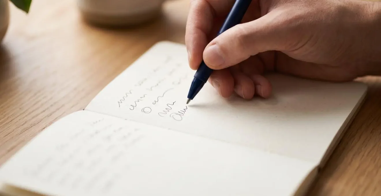 Overhead view of a hand writing in a health journal with organized symptom tracking notes