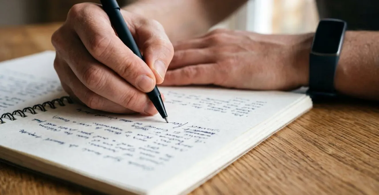 Hands organizing medical symptom diary with chronological notes and health tracker showing structured patient preparation