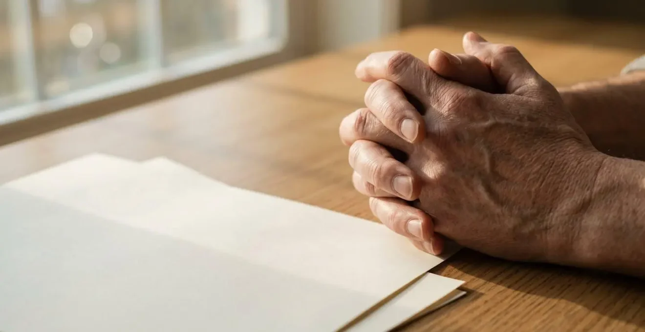 Close-up hands reviewing medical appointment scheduling documents with careful consideration