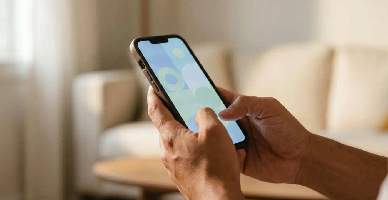 Close-up of hands holding a smartphone displaying a health consultation interface with soft natural lighting