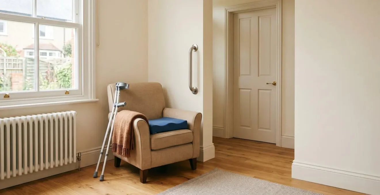 Peaceful home interior showing adaptive living space prepared for post-amputation recovery and mobility support