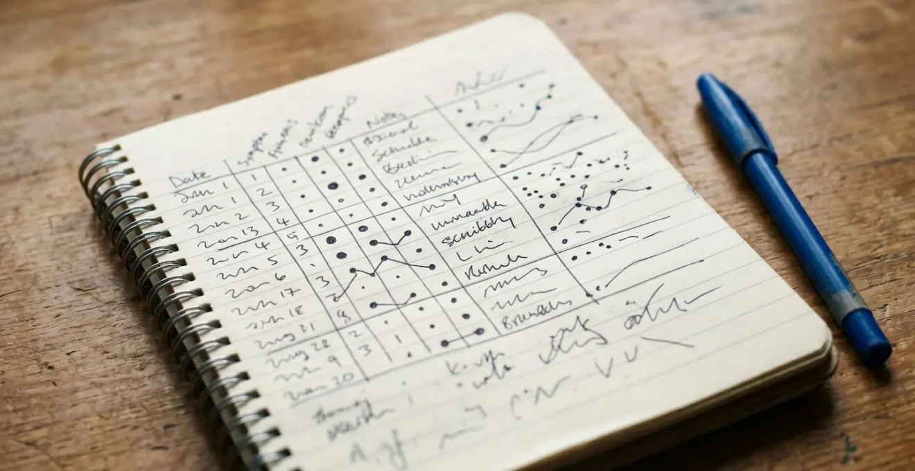 Detailed symptom log notebook with structured daily entries showing severity tracking for medical consultation
