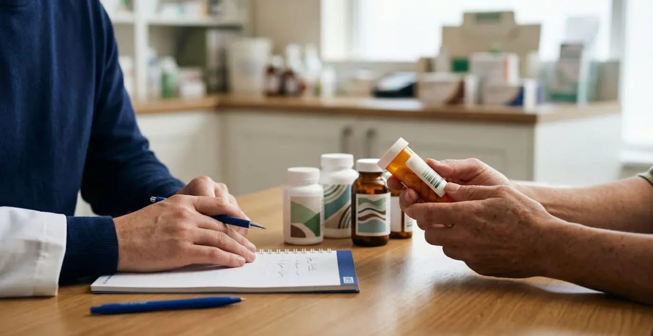 Close-up of hands reviewing prescription medication strategy with pharmacy professional in UK setting