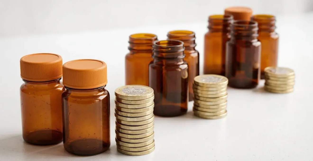 British prescription medication bottles arranged to visualize cost-saving calculations for regular users