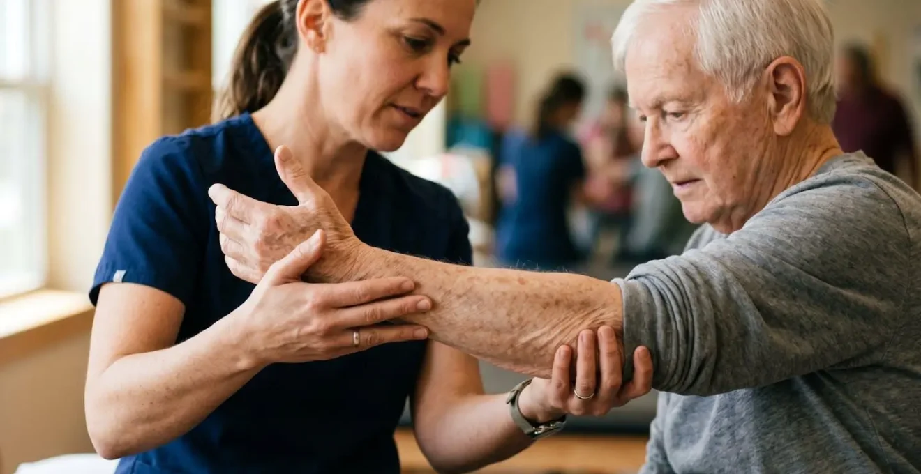 Close-up of physiotherapist's hands guiding elderly patient's arm during rehabilitation exercise, focused on human connection and therapeutic movement
