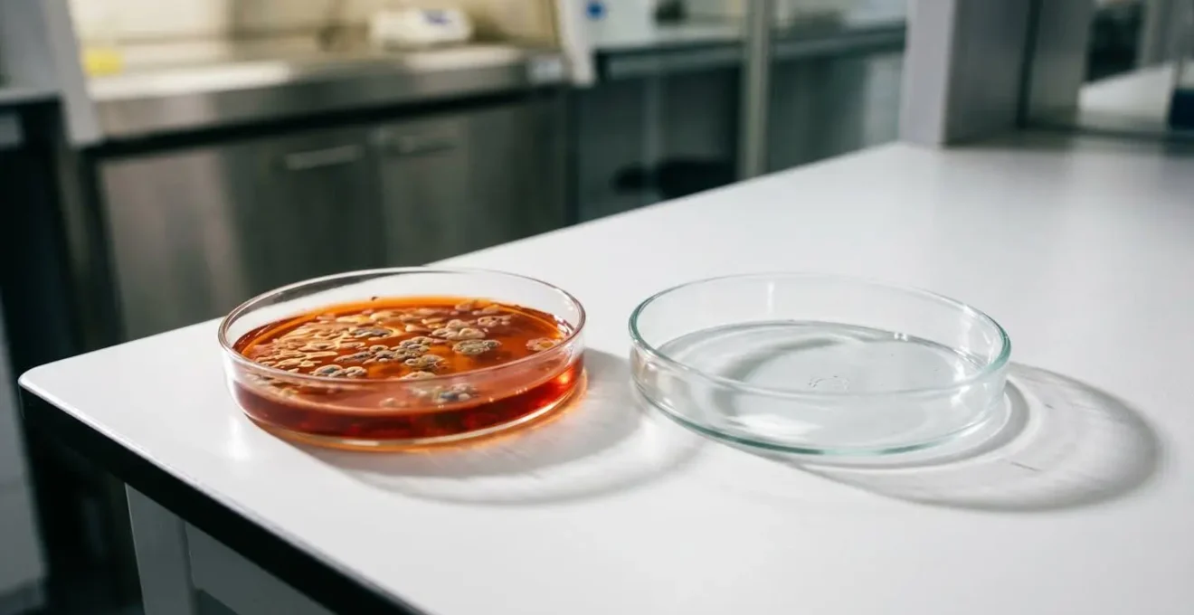A visual metaphor contrasting legitimate scientific research in a petri dish with the empty promise of some commercial clinical applications.