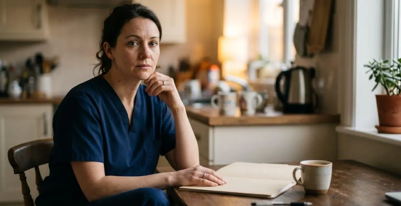 Healthcare worker in scrubs reviewing appointment schedules during evening hours